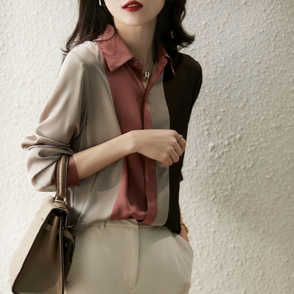 Color-blocking shirt long-sleeved women's autumn 2024 new shirt loose foreign style niche chiffon shirt professional wear top women