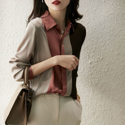 Color-blocking shirt long-sleeved women's autumn 2024 new shirt loose foreign style niche chiffon shirt professional wear top women