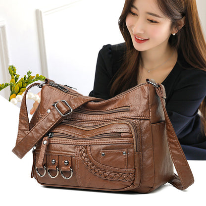 2023 Spring New Crossbody Bag Mom Shoulder Bag Washed Soft Leather Ladies Small Bag Middle-aged and Elderly All-match Women's Bag