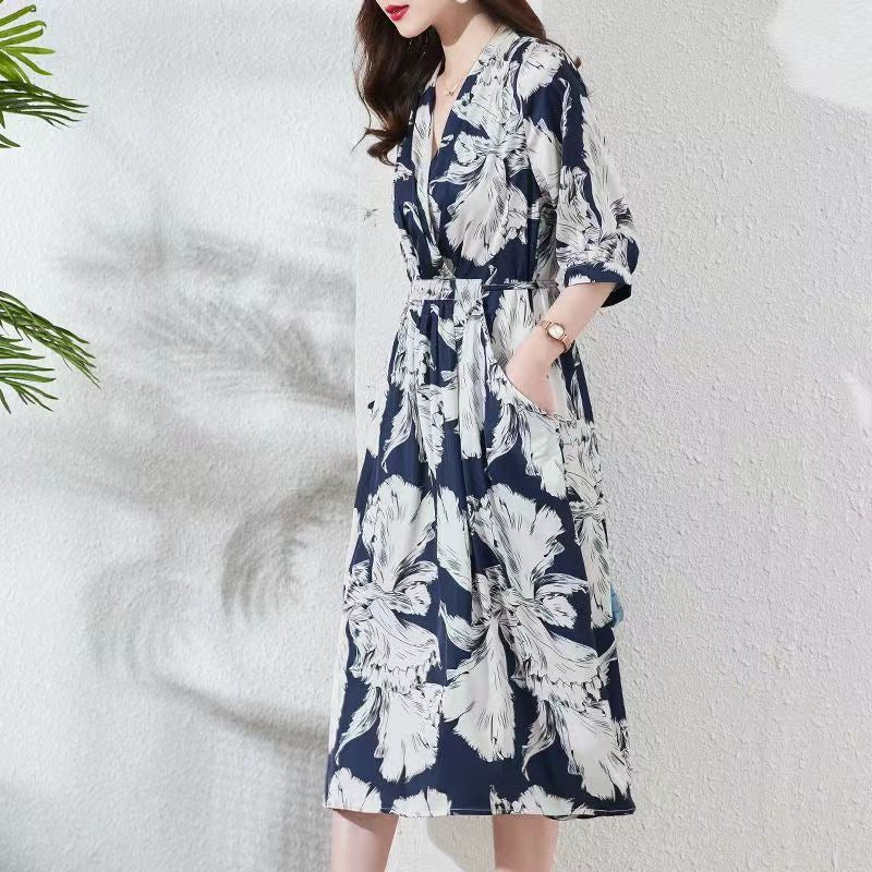 Waist-controlled Lace-up Sleeve V-neck Printed Skirt - KuzuSHOP