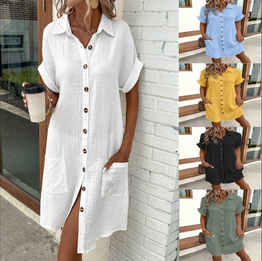Summer Short Sleeve Shirt Dress Fashion Solid Color Single-breasted Mid-length Loose Dress - KuzuSHOP
