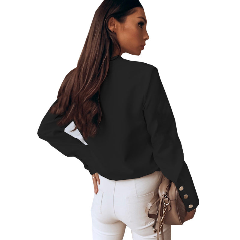 2024 Spring New European and American Women's Clothing Shirt Button Solid Color Commute Style round Neck Shirt
