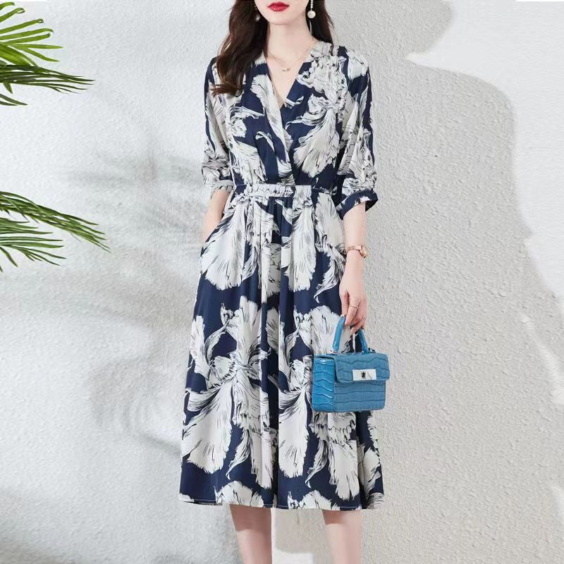 Waist-controlled Lace-up Sleeve V-neck Printed Skirt - KuzuSHOP