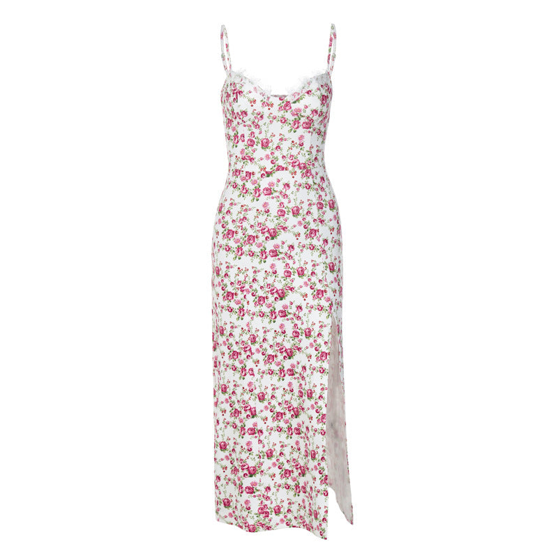 European and American style 2024 summer hot product new small floral slit suspender dress foreign trade wholesale women's clothing - KuzuSHOP