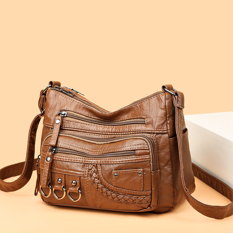 2023 Spring New Crossbody Bag Mom Shoulder Bag Washed Soft Leather Ladies Small Bag Middle-aged and Elderly All-match Women's Bag