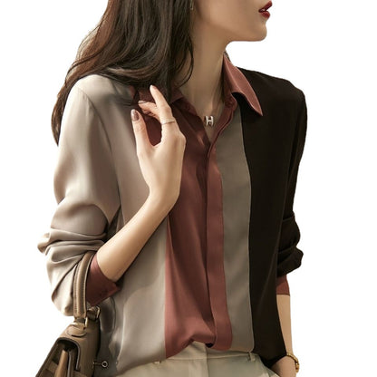 Color-blocking shirt long-sleeved women's autumn 2024 new shirt loose foreign style niche chiffon shirt professional wear top women