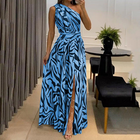 Women's Summer sexy open back one shoulder sleeveless printed long dress