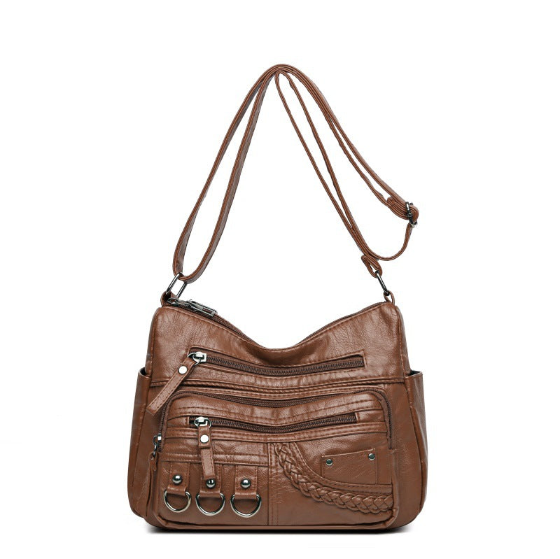 2023 Spring New Crossbody Bag Mom Shoulder Bag Washed Soft Leather Ladies Small Bag Middle-aged and Elderly All-match Women's Bag