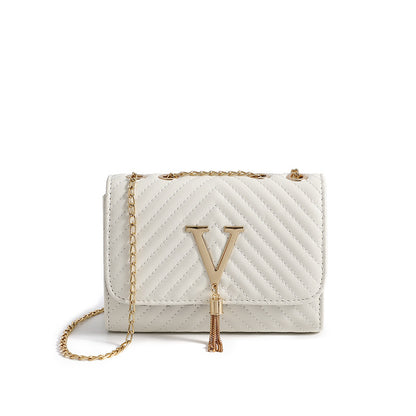 Trendy women's bag 2024 new fashion striped embroidered shoulder bag V-shaped tassel decoration messenger bag