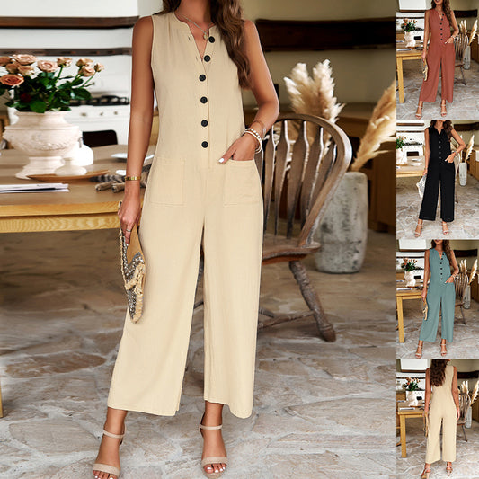 Fashion Sleeveless Jumpsuit With Button Design Casual Temperament Wide Leg Pants For Womens Clothing - KuzuSHOP