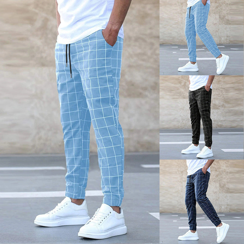 Fashion Plaid Print Pants Casual Drawstring Trousers Men's Clothing - KuzuSHOP