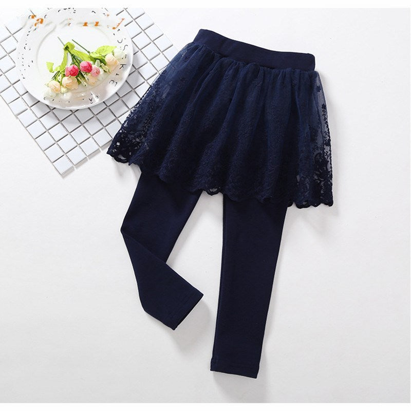Children's Fake 2 Girls Leggings Cotton Lace Skirt Pants - KuzuSHOP