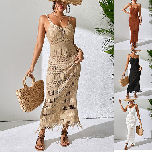 Cutout Sling Long Dress Slim-fit Tassel Beach Sleeveless Knitted V-neck - KuzuSHOP