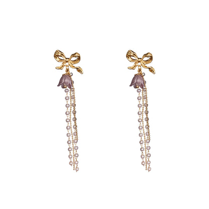Romantic Earrings Lavender Linglan Pearl Tassel Ear Clip - KuzuSHOP
