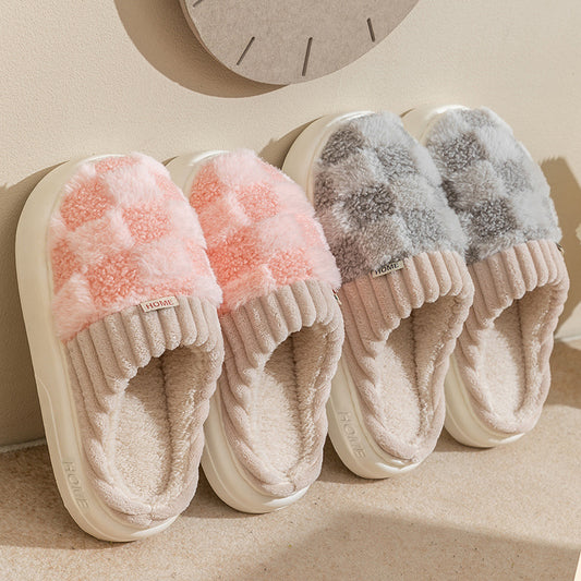 Plaid Plush Slippers Women's Indoor Plush Home Slippers Soft Sole Thick Non-Slip Warm House Shoes Couple Autumn And Winter - KuzuSHOP