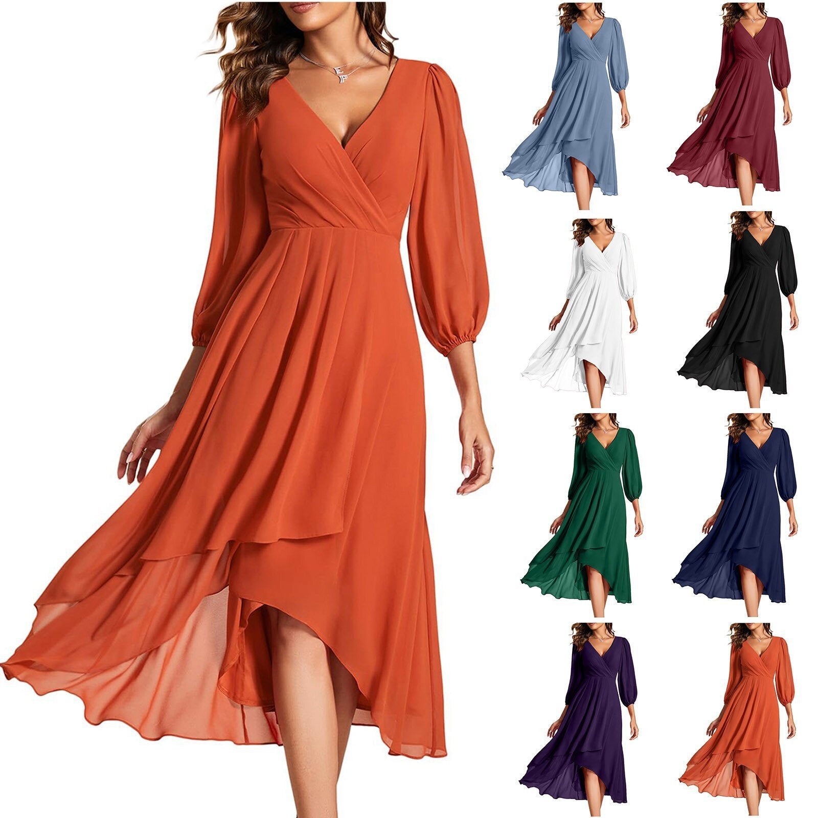 Women's V-neck Long-sleeved Dress Loose Party Evening Dress - KuzuSHOP