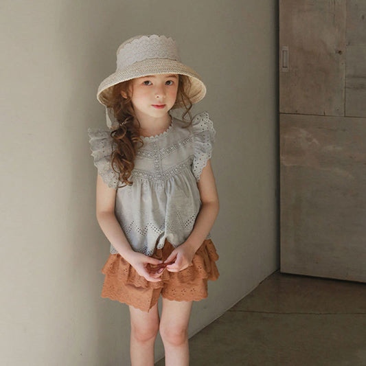 Girls Sweet Cutout Edge Fly Sleeve T-Shirt - KuzuSHOP