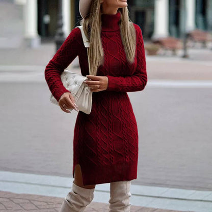 Fashion Turtleneck Knitted Dress With Slit Design Winter Warm Solid Color Pullover Long Sweater Women's Clothing - KuzuSHOP