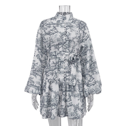 Ink Print Long Sleeve Short Dress With Fashion Puffy Sleeve Lapel Tie A-Line Dress Clothing - KuzuSHOP