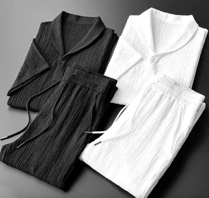 Leisure Suit Summer Loose Short Sleeve Top And Drawstring Trousers Fashion Mens Clothing - KuzuSHOP