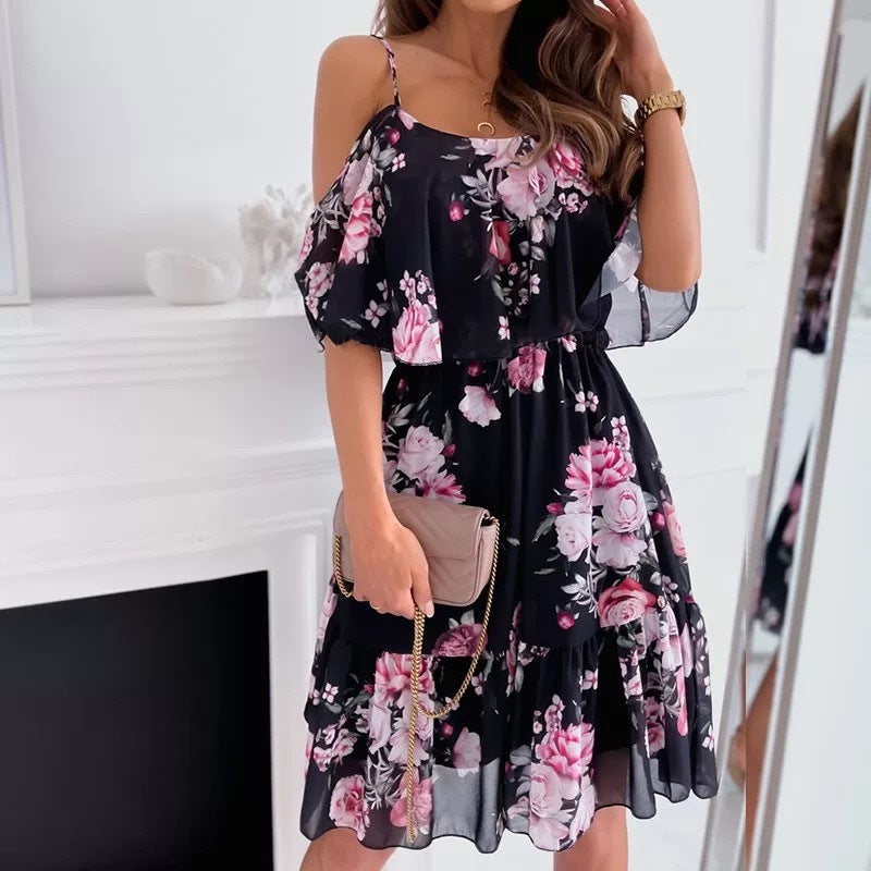 Flower Printed Ruffled Suspender Dress Summer Off-the-shoulder Strap Dresses Women - KuzuSHOP