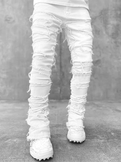 Men Trousers Individual Patched Pants Long Tight Fit Stacked Jeans For Mens Clothing - KuzuSHOP
