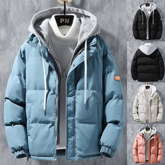Fashion Hooded Jacket Men Winter Windproof Thickened Fake Two-piece Coat Solid Leisure Sports Cotton Jacket - KuzuSHOP