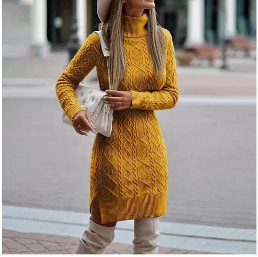 Fashion Turtleneck Knitted Dress With Slit Design Winter Warm Solid Color Pullover Long Sweater Women's Clothing - KuzuSHOP