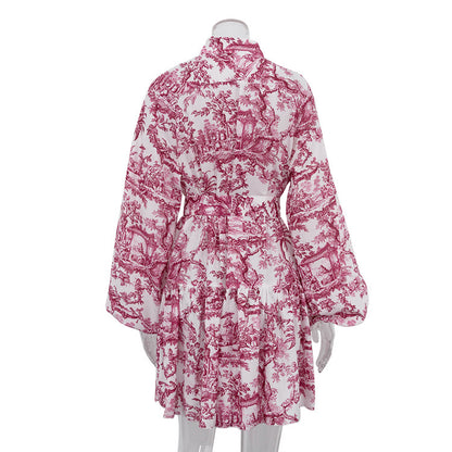 Ink Print Long Sleeve Short Dress With Fashion Puffy Sleeve Lapel Tie A-Line Dress Clothing - KuzuSHOP