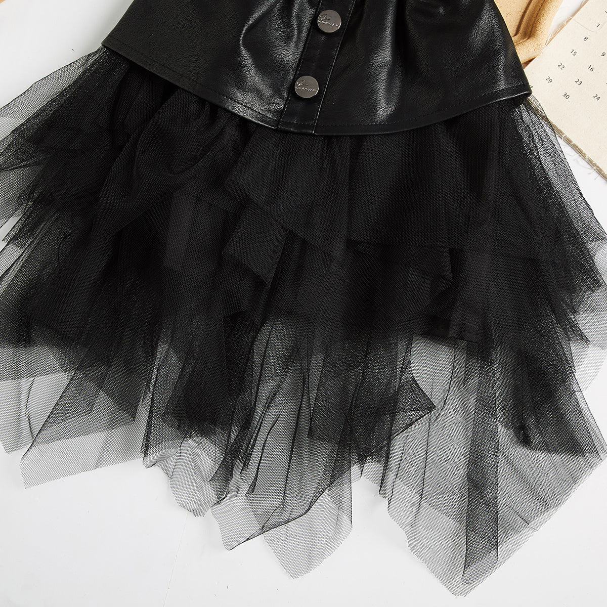 Children's Big Kids Net Gauze Girl Pu Leather Skirt - KuzuSHOP