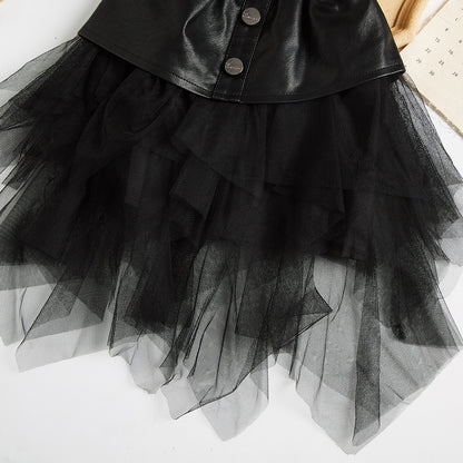 Children's Big Kids Net Gauze Girl Pu Leather Skirt - KuzuSHOP