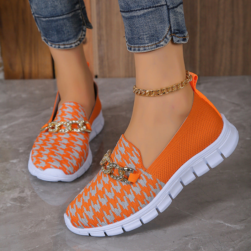 Casual Houndstooth Print Chain Mesh Shoes Summer Walking Sports Flat Shoes Women Breathable Loafers - KuzuSHOP