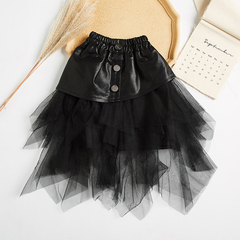 Children's Big Kids Net Gauze Girl Pu Leather Skirt - KuzuSHOP