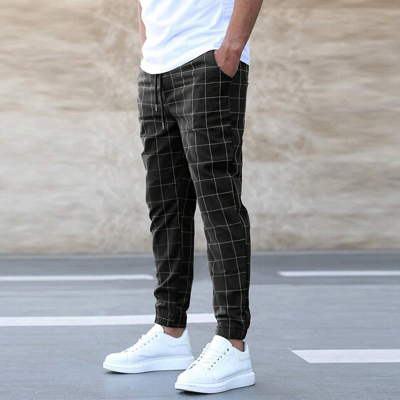 Fashion Plaid Print Pants Casual Drawstring Trousers Men's Clothing - KuzuSHOP