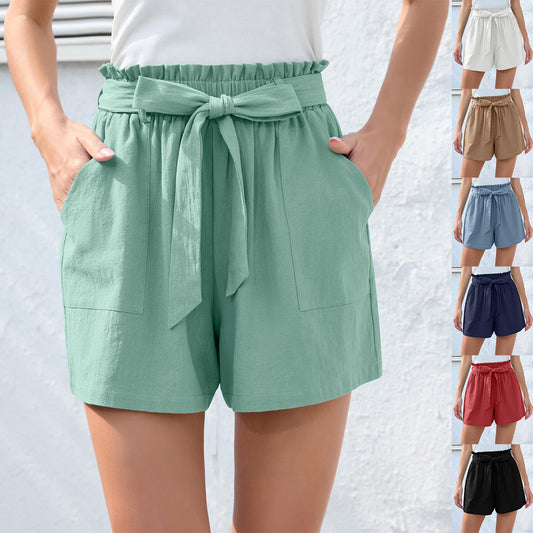 Fashion Ruffle Bow Waist Tie Shorts Summer Beach Pants With Pockets Womens Clothing - KuzuSHOP