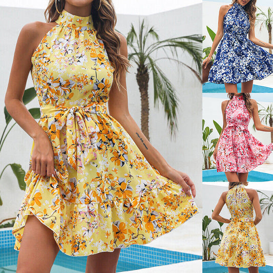 New Flowers Print Halterneck Dress Summer Fashion Temperament Lace-up Ruffled Dresses For Women - KuzuSHOP