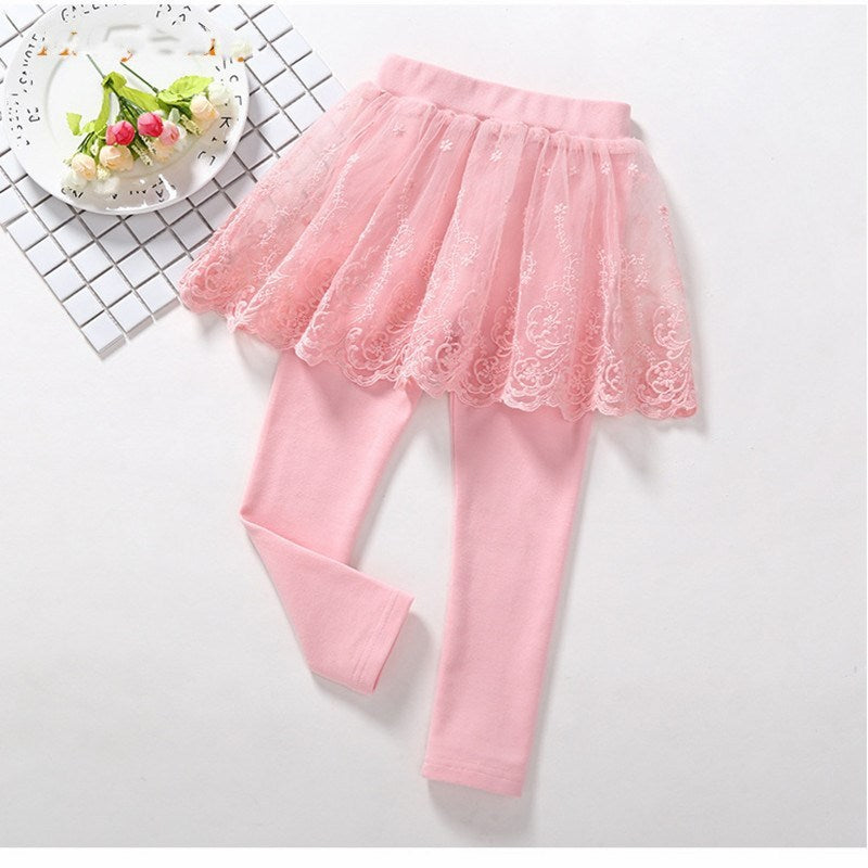 Children's Fake 2 Girls Leggings Cotton Lace Skirt Pants - KuzuSHOP