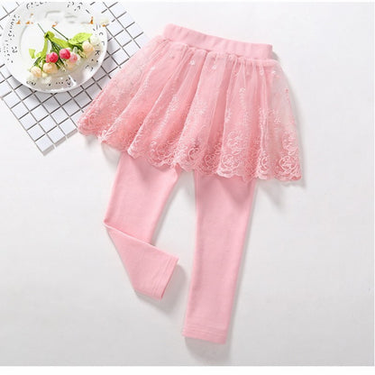 Children's Fake 2 Girls Leggings Cotton Lace Skirt Pants - KuzuSHOP