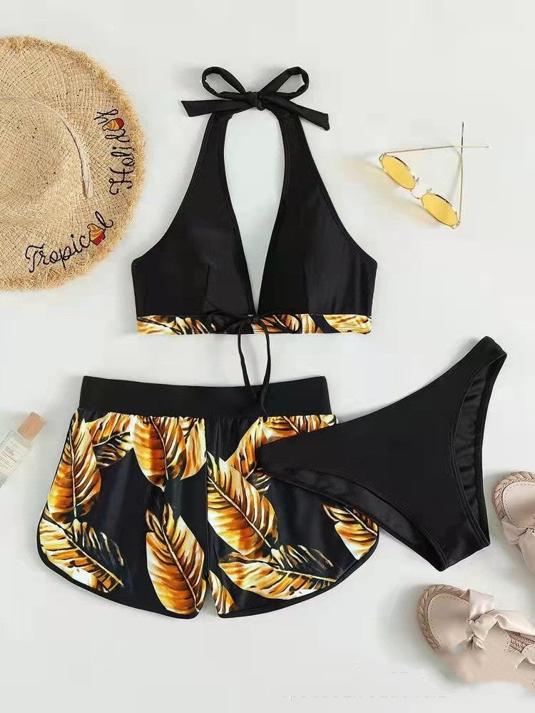 3pcs Leaf Print Bikini With Shorts Fashion Summer Beach Swimsuit Womens Clothing - KuzuSHOP