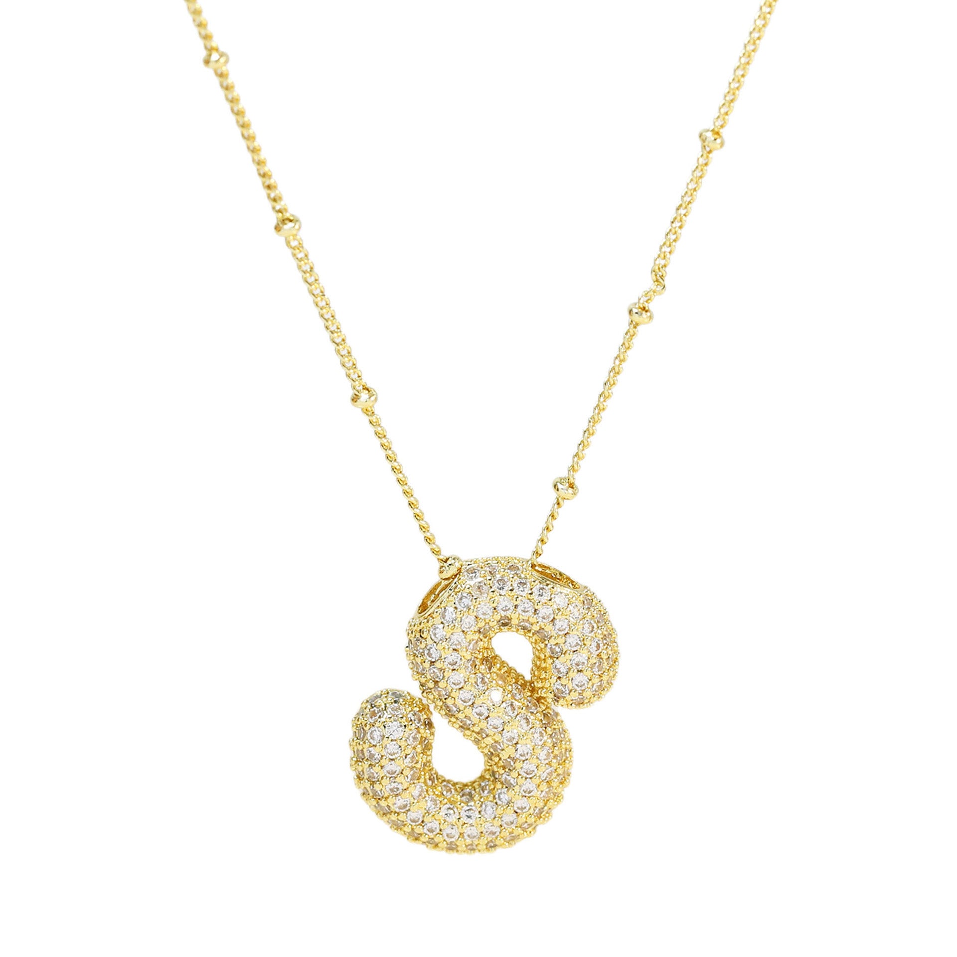 Brass Zircon Bubble Balloon Letter Pendant Necklace For Women - KuzuSHOP