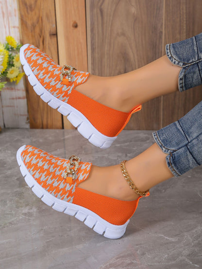 Casual Houndstooth Print Chain Mesh Shoes Summer Walking Sports Flat Shoes Women Breathable Loafers - KuzuSHOP