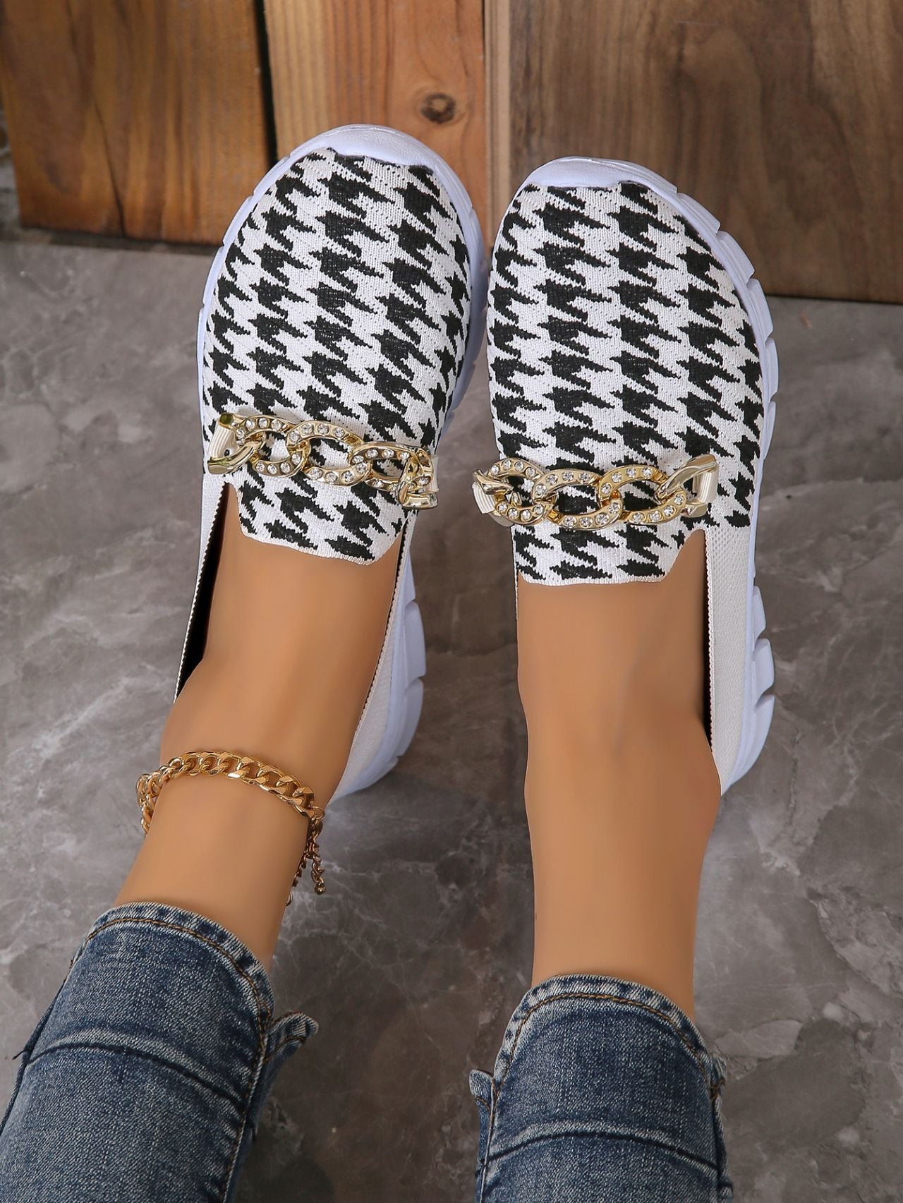 Casual Houndstooth Print Chain Mesh Shoes Summer Walking Sports Flat Shoes Women Breathable Loafers - KuzuSHOP