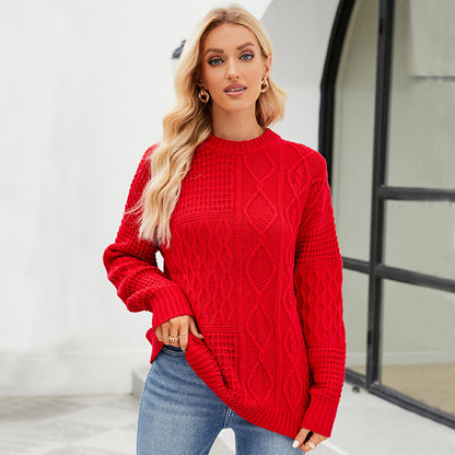 Casual Round-neck Pullover Sweater Fall Winter Solid Color Cable-knot Pattern Tops Women Clothing - KuzuSHOP