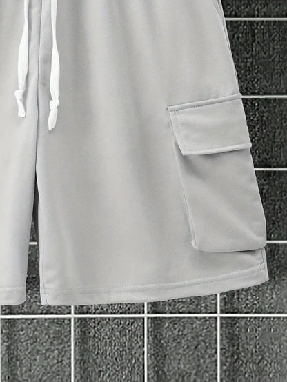 Men's Outfit, Solid Casual Loose Crew Neck Short Sleeve T-Shirt & Drawstring Shorts With Multi Pockets 2-piece Set For Summer Outdoor Activities - KuzuSHOP
